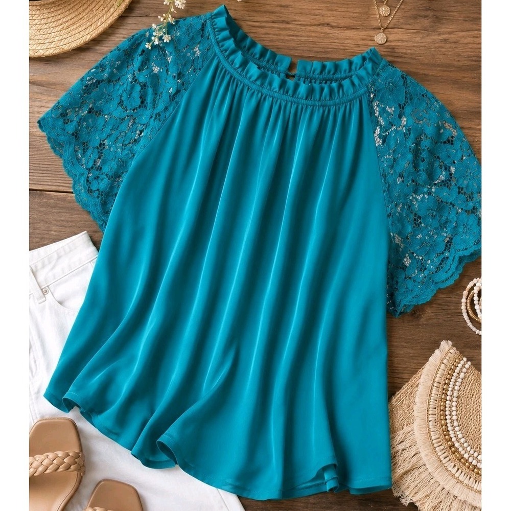 Turquoise Lace Sleeve Blouse Womens XL Romantic Boho Coastal Flowy Dressy Top